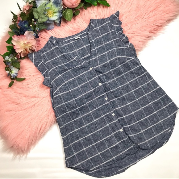 Old Navy Tops - Old Navy Plaid Ruffle Button Down Chambray Top